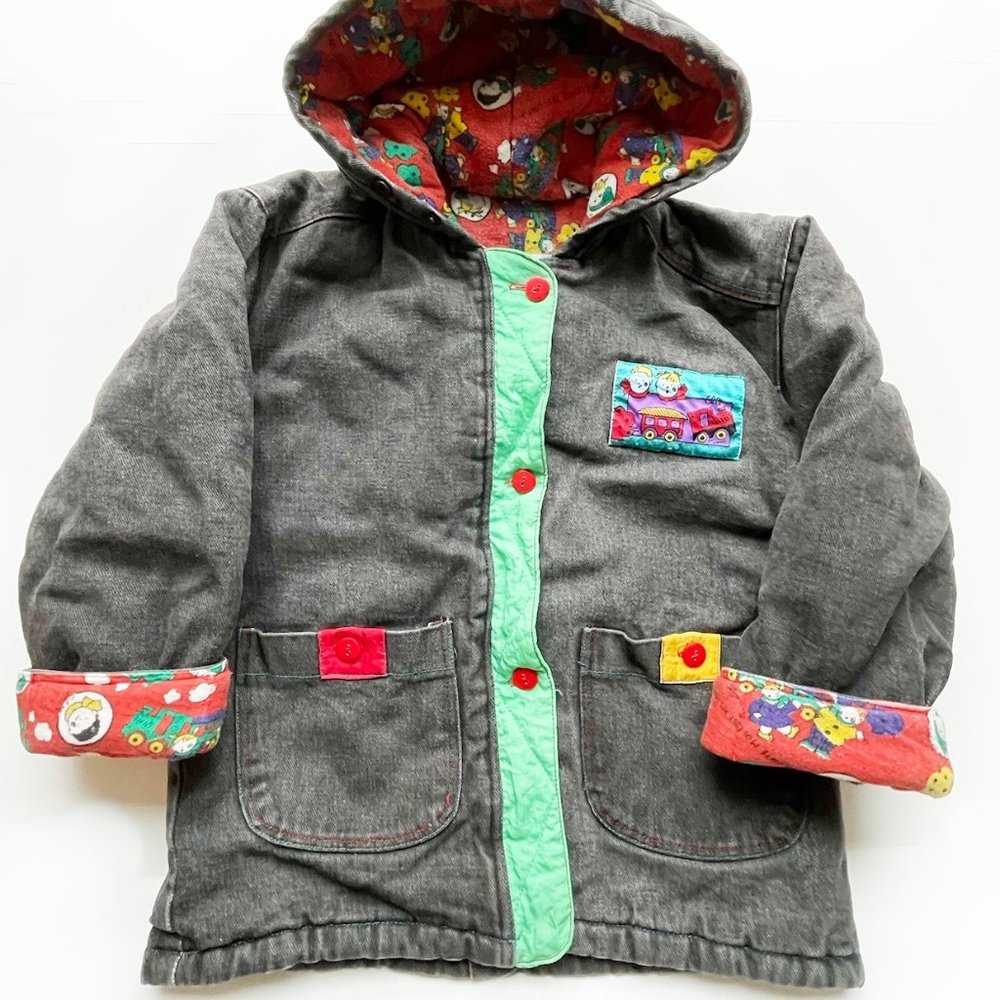 VINTAGE Black Stone-Washed Denim Hooded Lined Coat by Metro Express